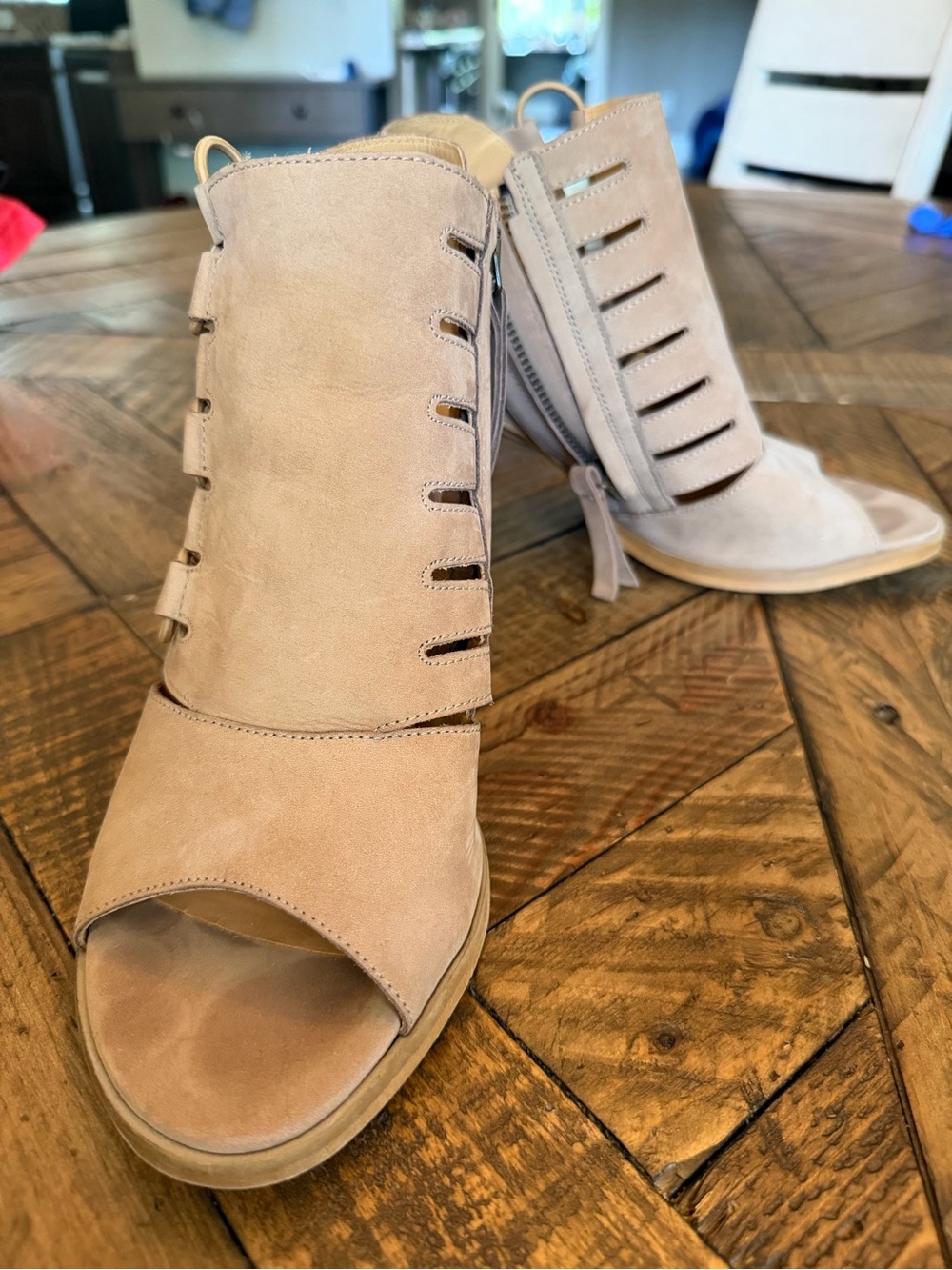Taupe Suede Cutout Peep-Toe Heeled Booties